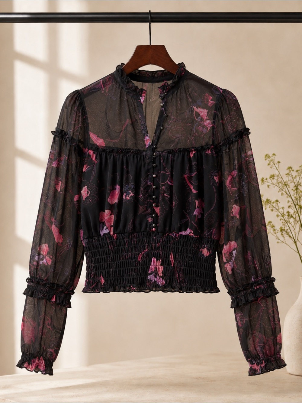 Free People Black and Red Floral Blouse